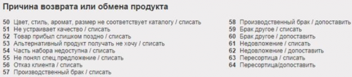 код причины возврата